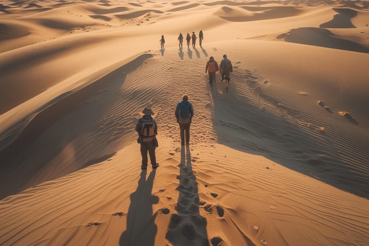 Illustration: a guide walking a small group along a dune ridge at
                    sunset. An AI-generated image, not a photograph of a HeyGuides guide.
