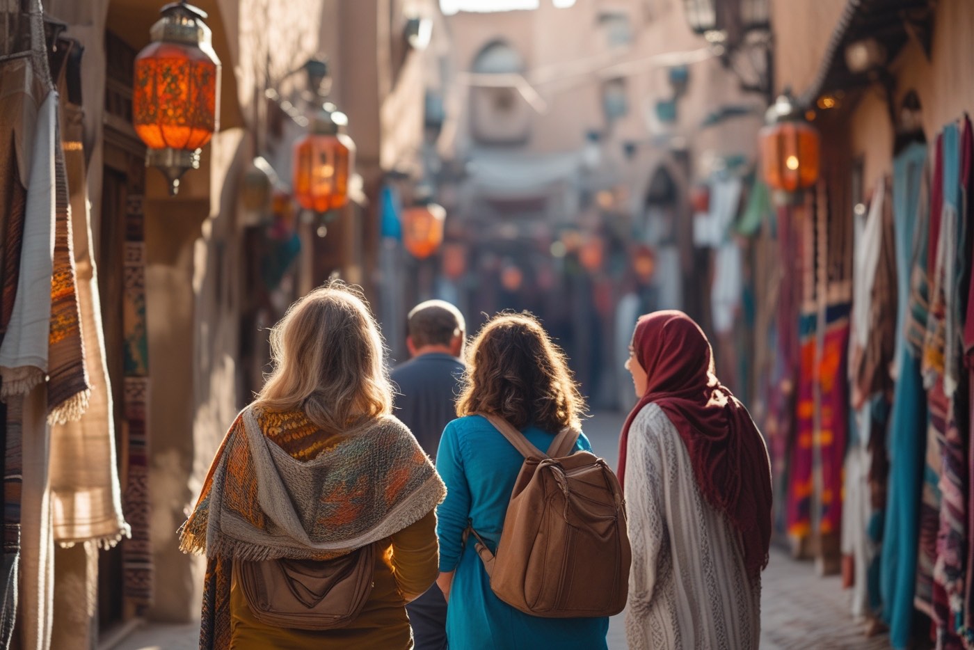 Illustration: a guide leading travellers through a sunlit medina
                        alley. An AI-generated image, not a photograph of a HeyGuides
                        guide.