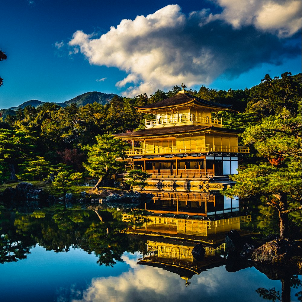 A golden pavilion mirrored in a still pond.
